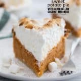 Slice of sweet potato pie with text with the title