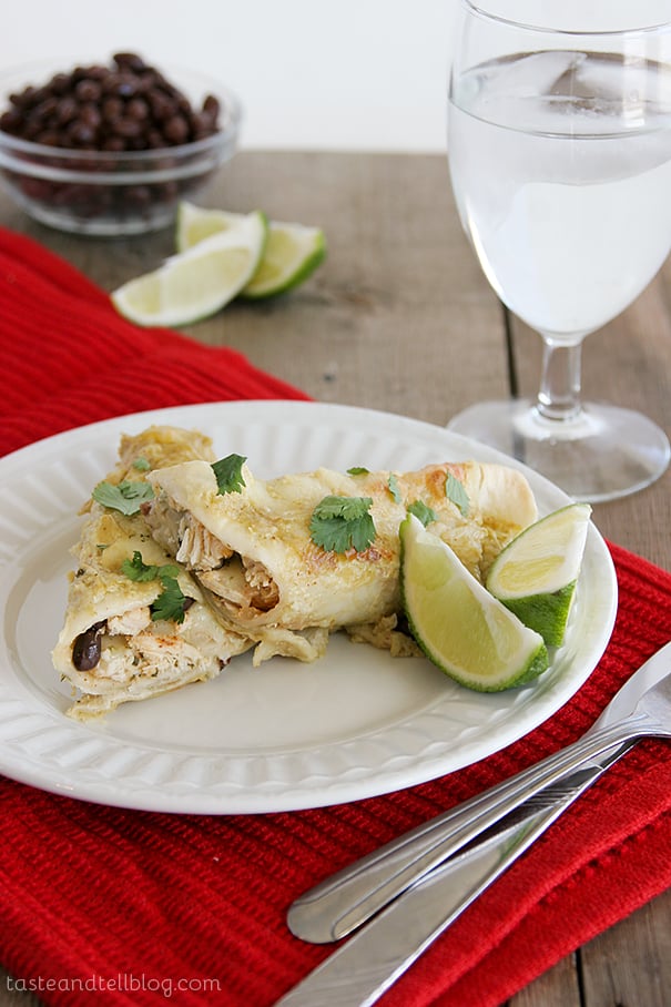 Chicken, Black Bean and Zucchini Enchiladas with Green Chile Sauce | www.tasteandtellblog.com