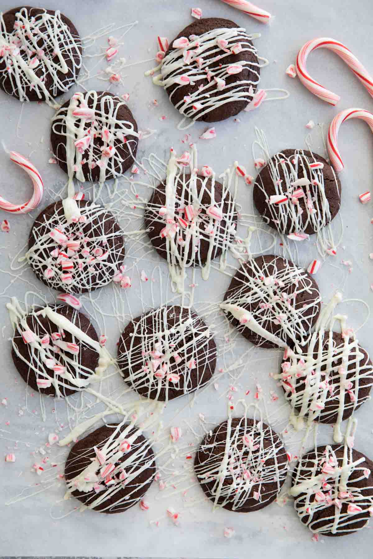 Chocolate Peppermint Cookies with white chocolate with candy canes.