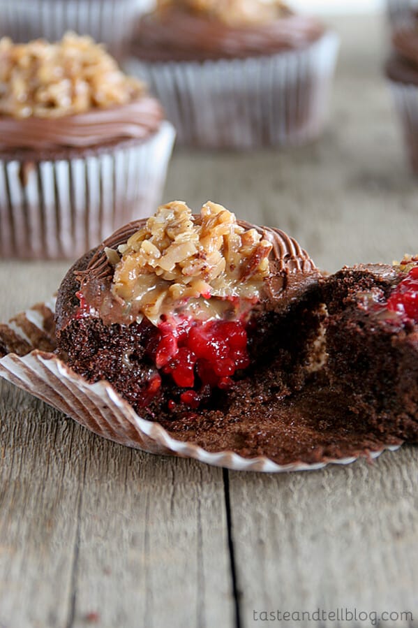 German Chocolate Cupcakes with Raspberry Filling | Taste and Tell