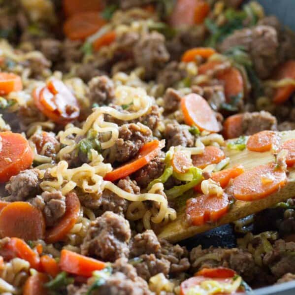 Skillet filled with Ramen Vegetable Beef Skillet.