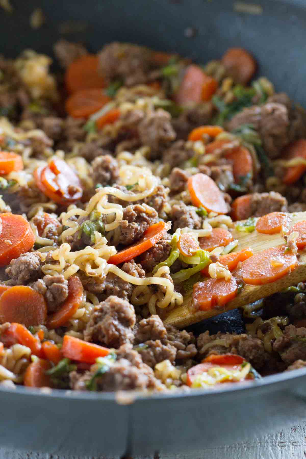 Skillet filled with Ramen Vegetable Beef Skillet.