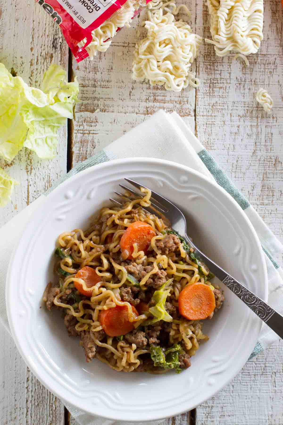 Skillet dinner made with ramen noodles, ground beef, and vegetables.