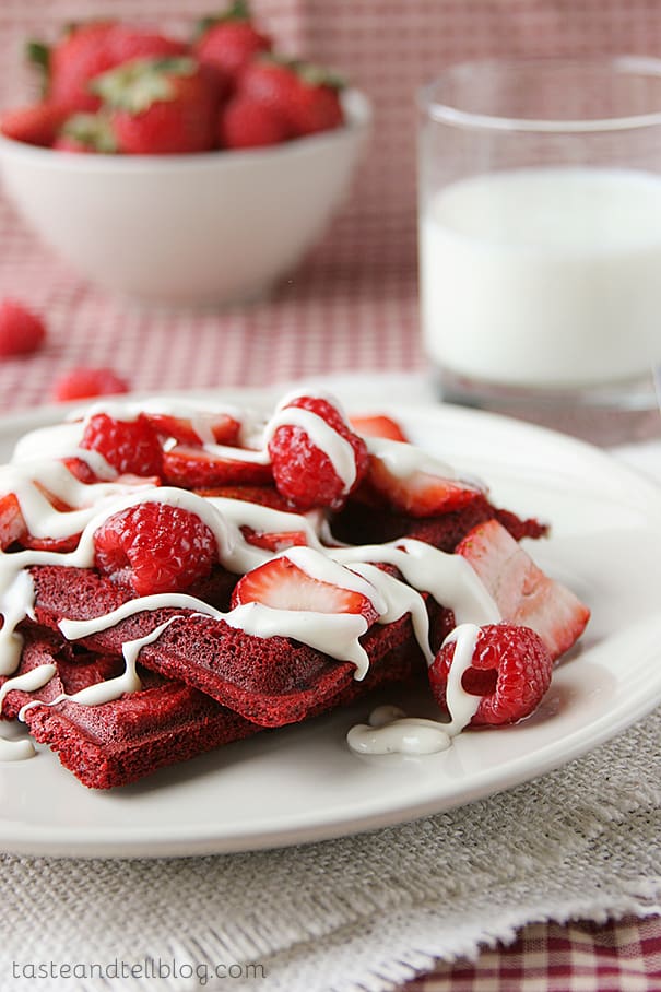 Red Velvet Waffles with Cream Cheese Drizzle | www.tasteandtellblog.com