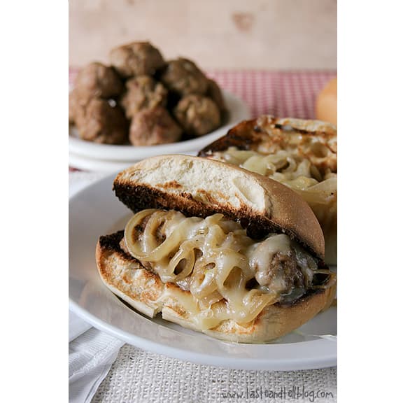 Saucy Onion Meatball Dip Subs | www.tasteandtellblog.com