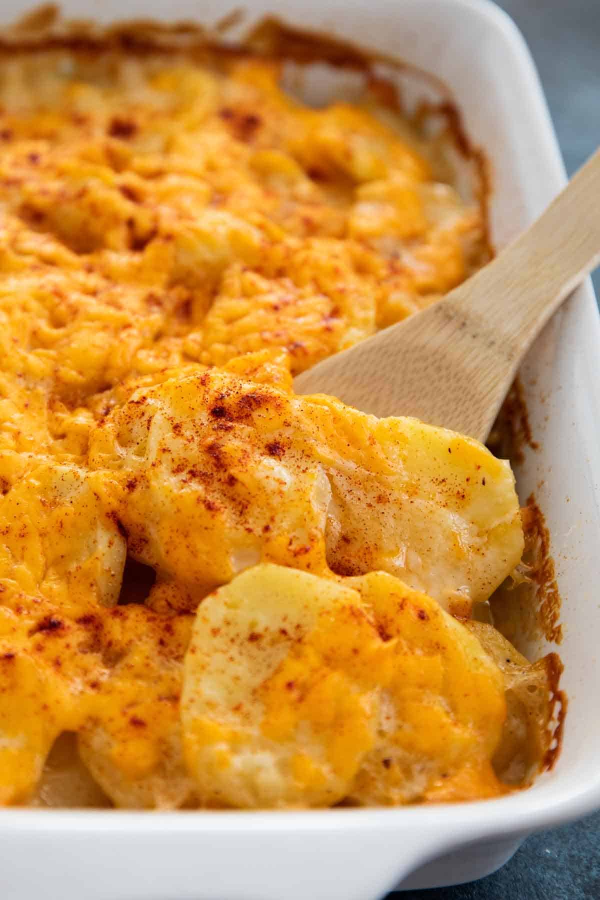 wooden spoon scooping out scalloped potatoes from a baking dish