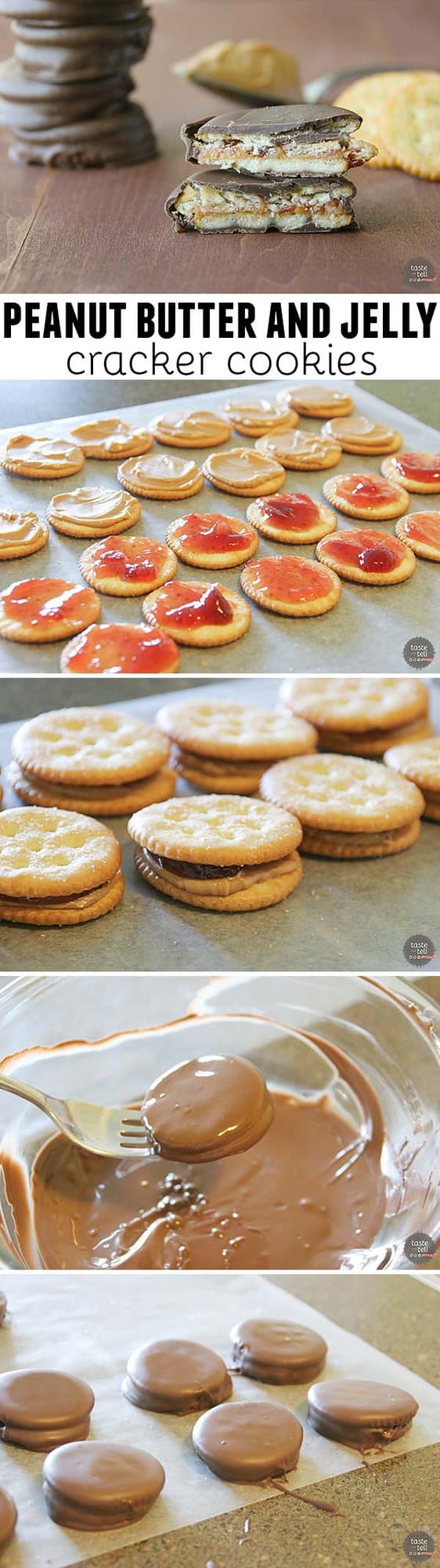 A little bit salty and a little bit sweet, these peanut butter and jelly filled, chocolate covered cracker cookies make the perfect afternoon snack.