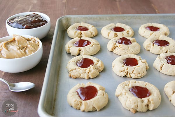 Peanut Butter and Jelly Thumbprint Cookie Recipe - a favorite sandwich in cookie form!