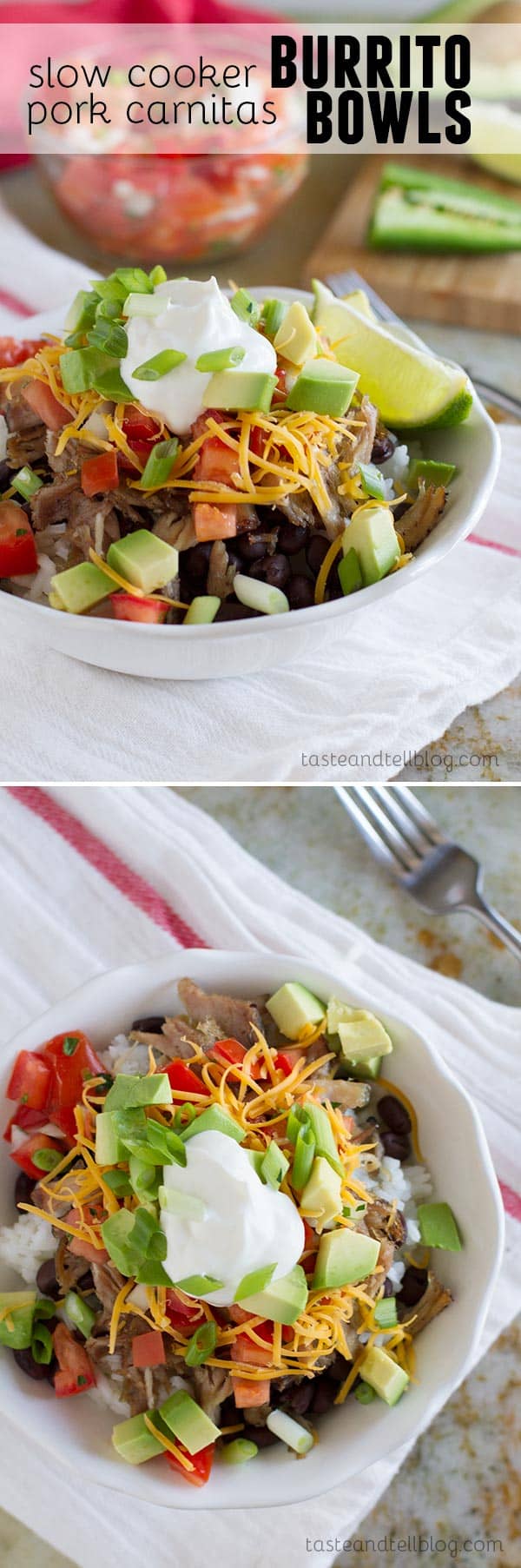 Caramelized pork carnitas are served over beans and rice, and topped with a fresh pico de gallo to make a burrito bowl that will rival the local take out joint!