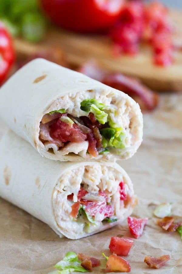 An easy lunch or picnic idea, these BLT Ranch Chicken Wraps, made with only 6 ingredients, come together in a snap and always a family pleaser.