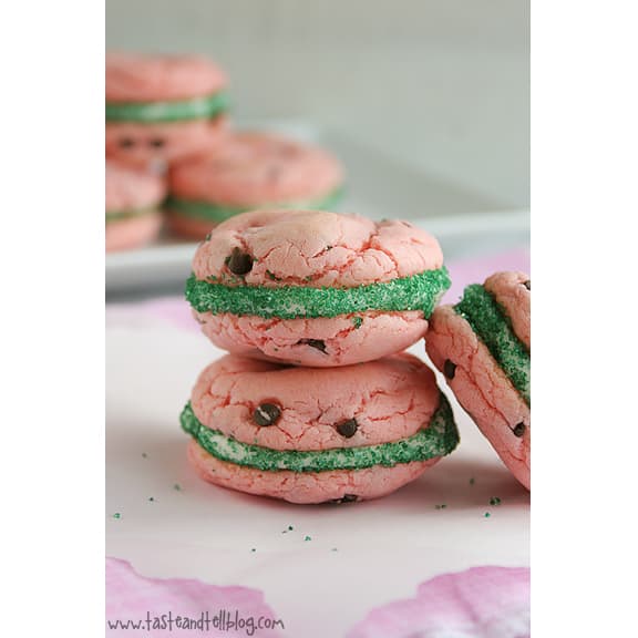 Watermelon Cake Mix Cookie Sandwiches | www.tasteandtellblog.com