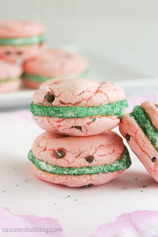 Watermelon Cake Mix Cookie Sandwiches on Taste and Tell