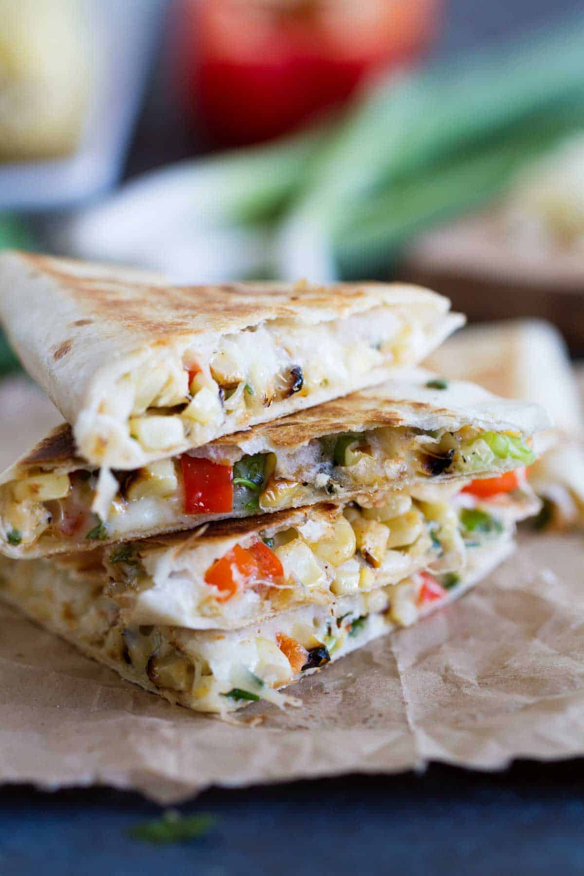 Grilled Corn Quesadillas stacked on each other