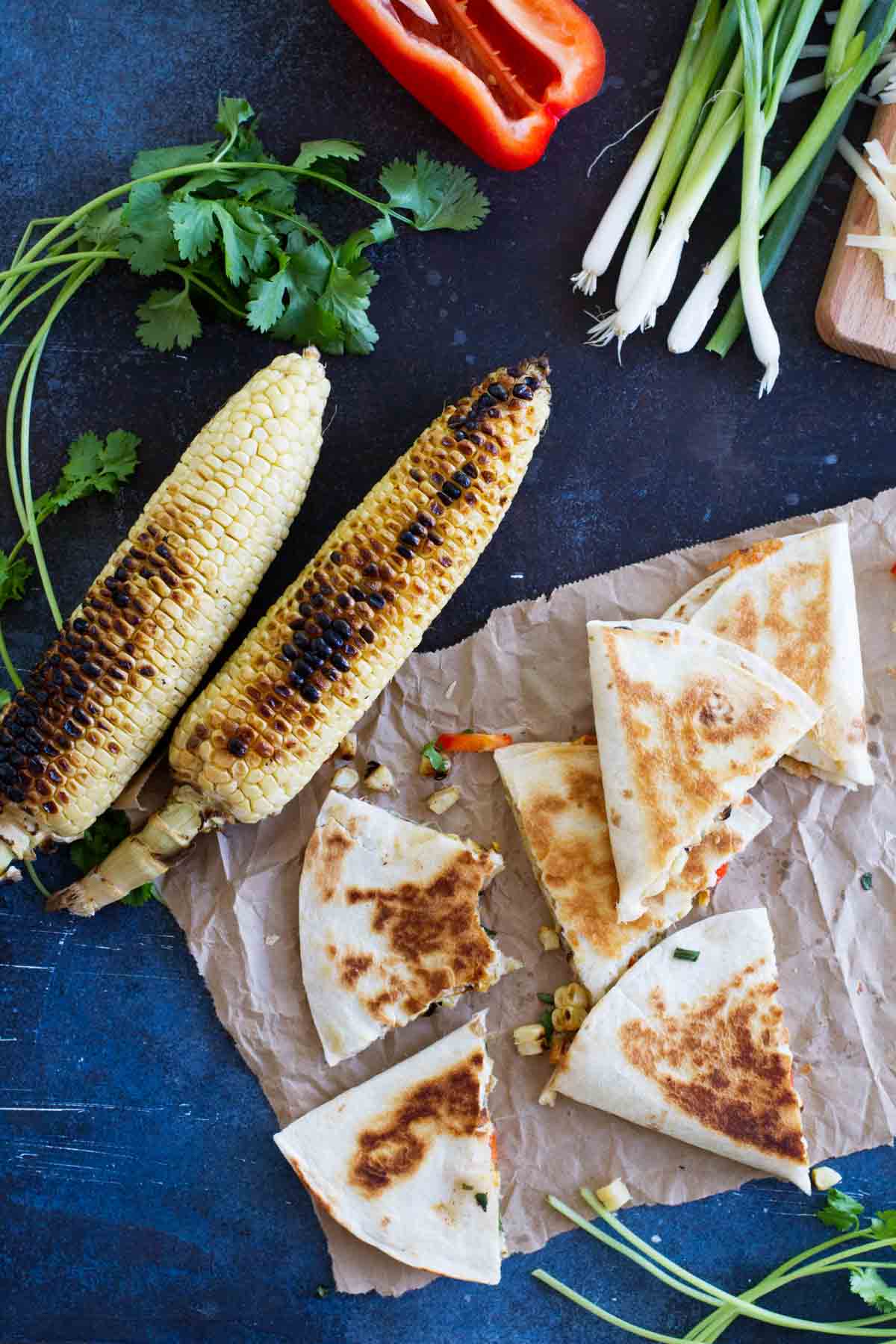 Grilled Corn Quesadillas with grilled corn and vegetables
