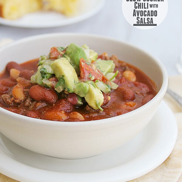 Easy Slow Cooker Chili with Avocado Salsa | www.tasteandtellblog.com