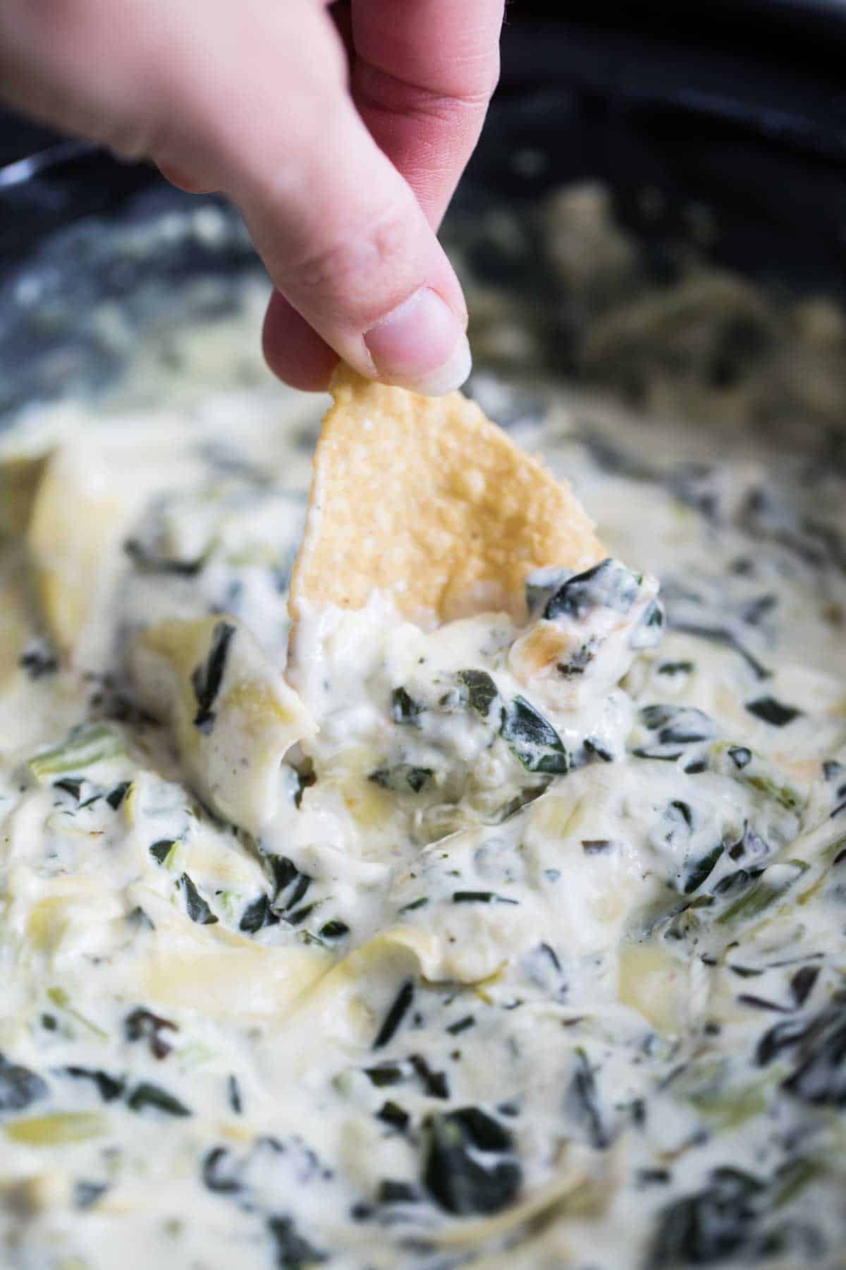 Dipping a chip into the best Crockpot Spinach Artichoke Dip