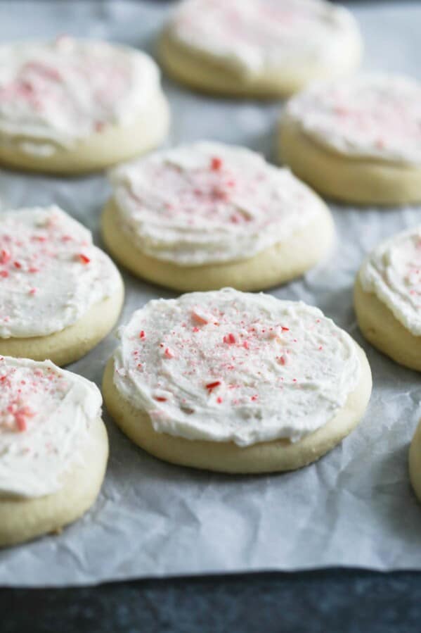 Best soft sugar cookie recipe with peppermint on a piece of parchment paper.