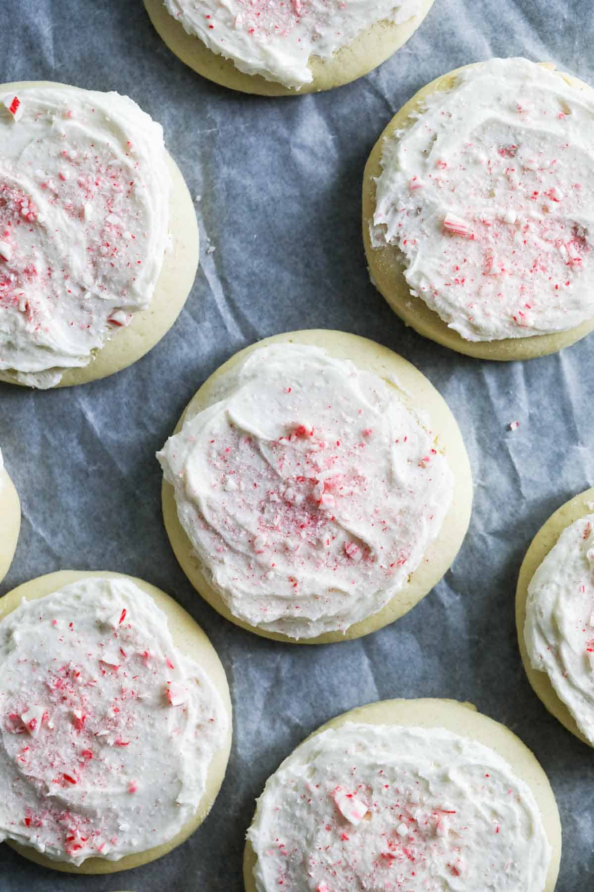 Peppermint Soft Butter Sugar Cookies with peppermint icing.