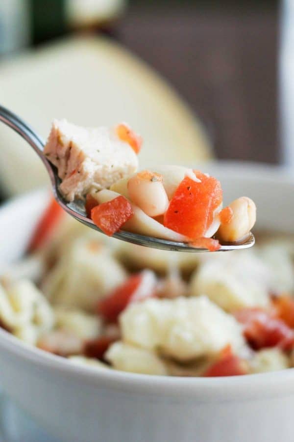 Perfect for a cold night, this Easy Chicken Tortellini Soup is filled with chicken, beans and tortellini, and is done in no time!