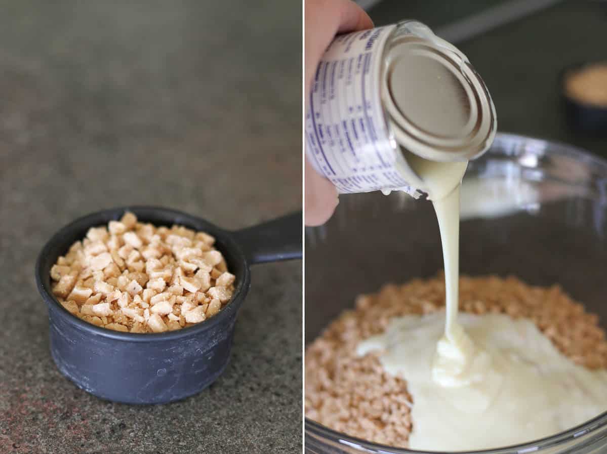 Looking for an easy dessert? These Skor Squares have only 4 ingredients and are perfect for lovers of salty and sweet. two photos showing measuring toffee pieces and adding sweetened condensed milk to a bowl.