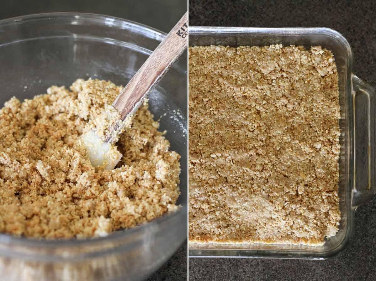 Looking for an easy dessert? These Skor Squares have only 4 ingredients and are perfect for lovers of salty and sweet. assembling skor squares in a baking dish