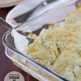 Sliced fresh zucchini and crumbled sausage are combined and covered with a creamy ranch sauce, and baked up until hot and bubbly in this Sausage and Zucchini Bake.