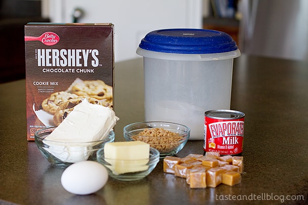 Ingredients for Caramel Cookie Cheesecake Bars.