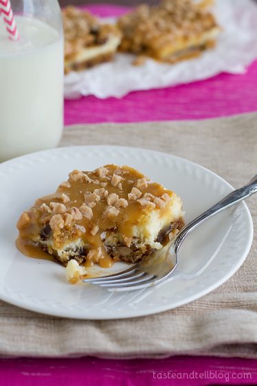 Caramel Cookie Cheesecake Bar with a bite taken from it.