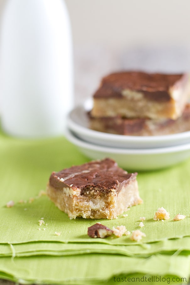 Chocolate Pecan Toffee Bars from www.tasteandtellblog.com