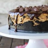 full Reese's Peanut Butter Cheesecake on a cake stand.