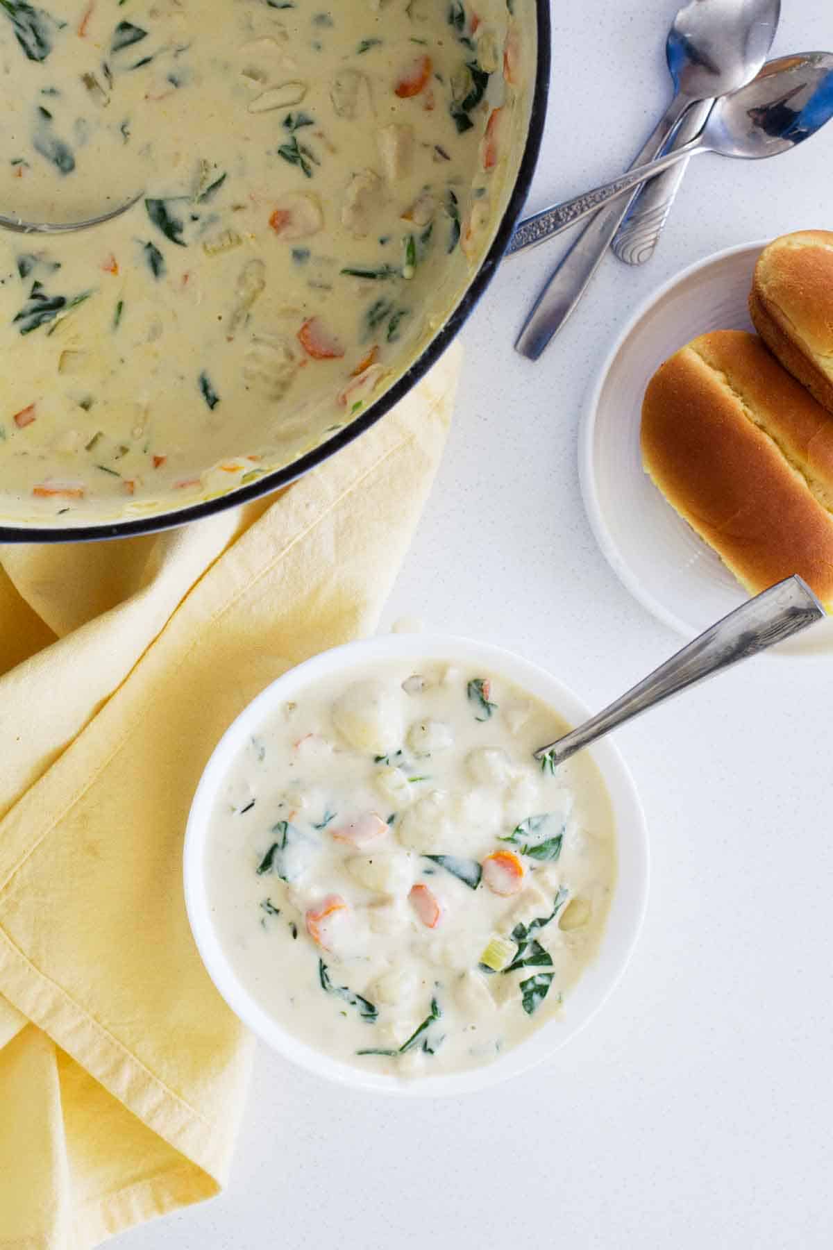 overhead view of chicken and gnocchi soup