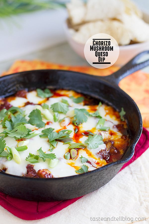 Cast iron pan with chorizo mushroom queso dip.