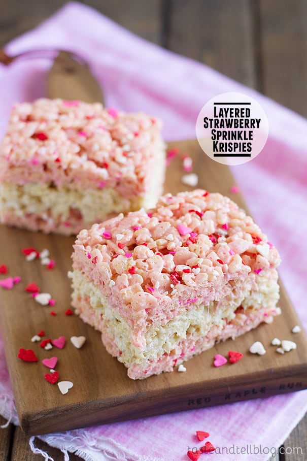 Layered Strawberry Sprinkle Krispies on Taste and Tell