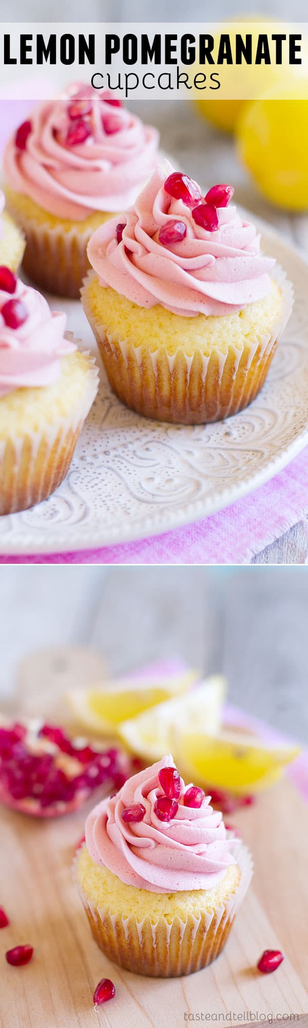 Lemon cupcakes are topped with a light pomegranate frosting and fresh pomegranate seeds in these light and refreshing Lemon Pomegranate Cupcakes.