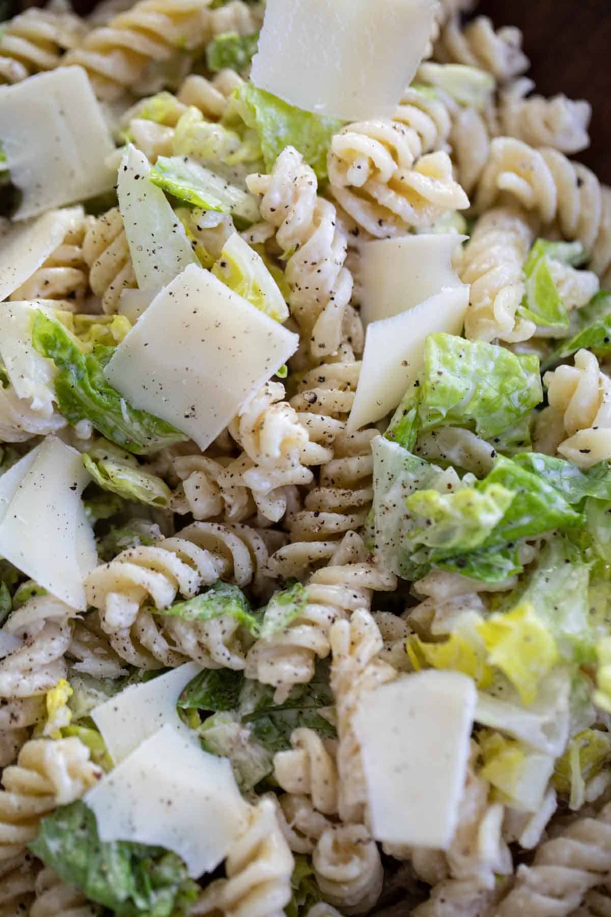Close up of Caesar Salad with Pasta and Parmesan.