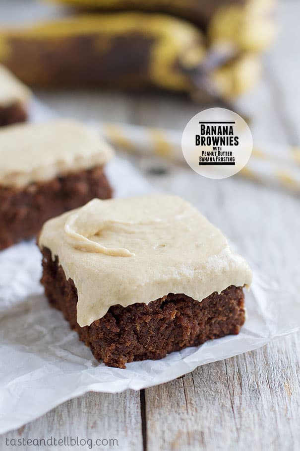 Banana Brownies with Peanut Butter Banana Frosting - Moist, chocolate, banana infused brownies are topped with a peanut butter and banana frosting for a rich and delicious dessert.