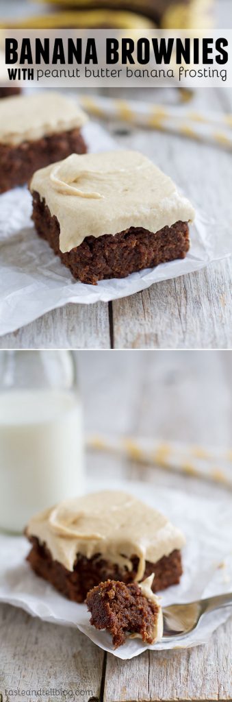 Banana Brownies with Peanut Butter Banana Frosting - Moist, chocolate, banana infused brownies are topped with a peanut butter and banana frosting for a rich and delicious dessert.