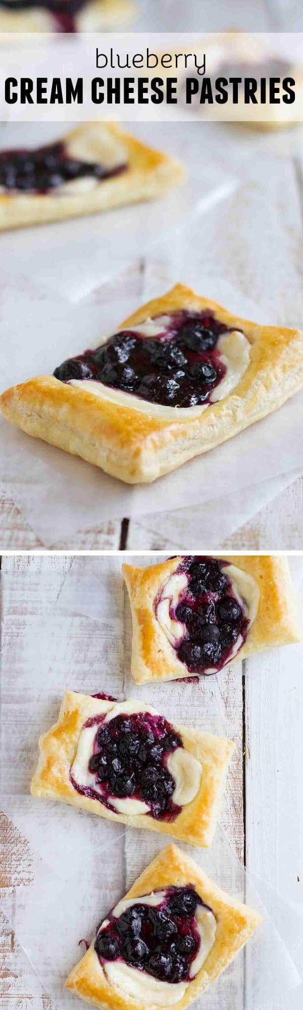 These Blueberry Cream Cheese Pastries have puff pastry that is topped with sweetened cream cheese and a blueberry mixture for a perfectly decadent breakfast treat.