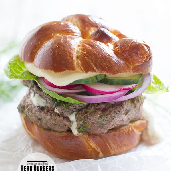 Cheese-Stuffed Herb Burgers with Creamy Honey Mustard