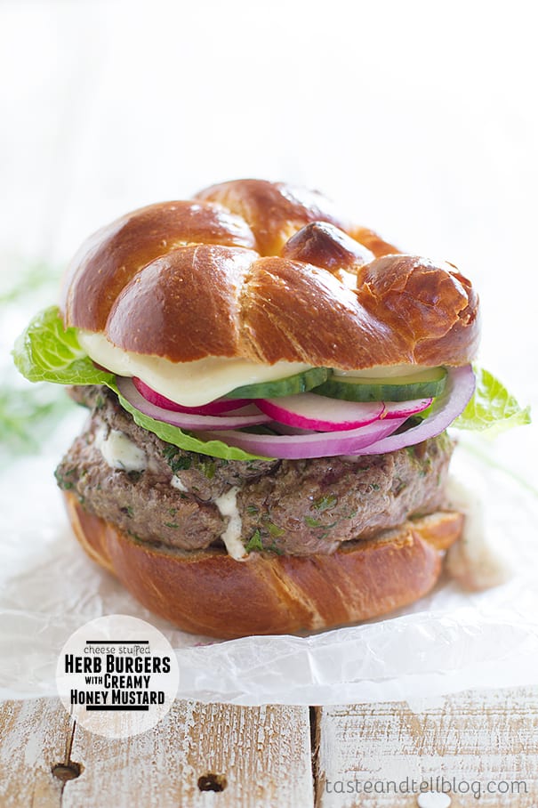 Cheese-Stuffed Herb Burgers with Creamy Honey Mustard