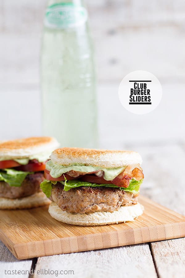 These Club Burger Sliders are slider sized turkey burgers topped with bacon, lettuce, tomatoes and an avocado-ranch dressing.