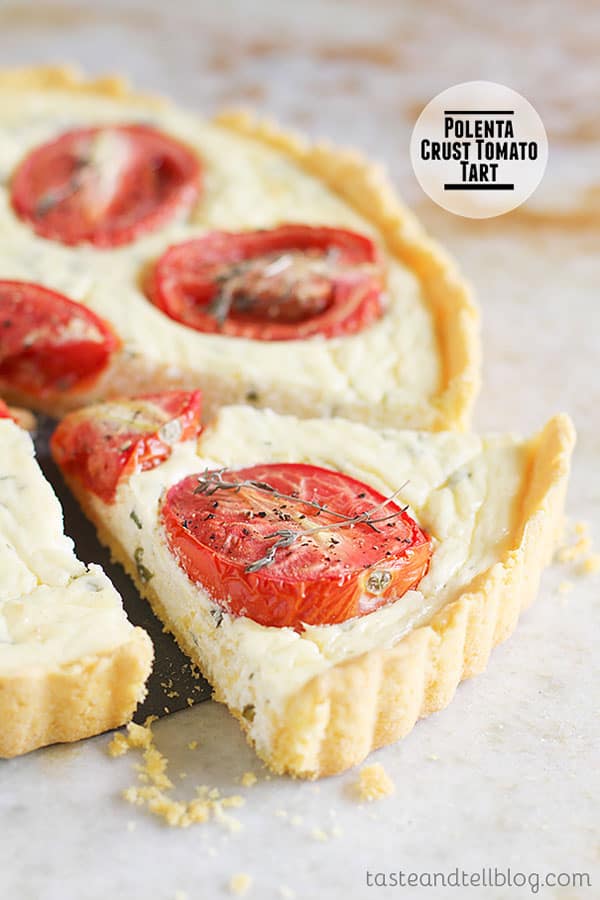 This Polenta Crust Tomato Tart is a tart with a cornmeal crust that is filled with a creamy filling and topped with roasted tomatoes.