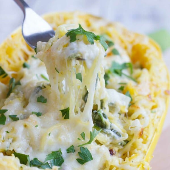 how to make Spinach Artichoke Spaghetti Squash