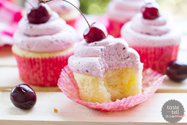 Moist almond cupcakes made from scratch are topped with a light and fluffy cherry buttercream, made from fresh cherries.