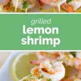 Grilled Lemon Shrimp collage with text bar in the middle.