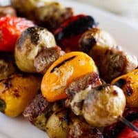 close up of Steak and Potato Kabobs