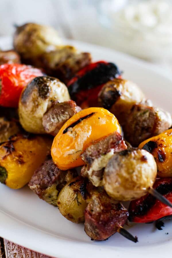 close up of Steak and Potato Kabobs