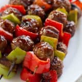 These easy Sweet and Sour Meatball Skewers are made from frozen meatballs that are combined with fresh peppers and basted with an easy sweet and sour sauce.