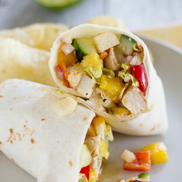 Mango Chicken Salad - chicken, mango and lots of veggies - Serve on tortillas as a wrap, on a sandwich, or just straight from the bowl!