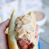 Pastrami Wrapped Hot Dog Recipe collage.